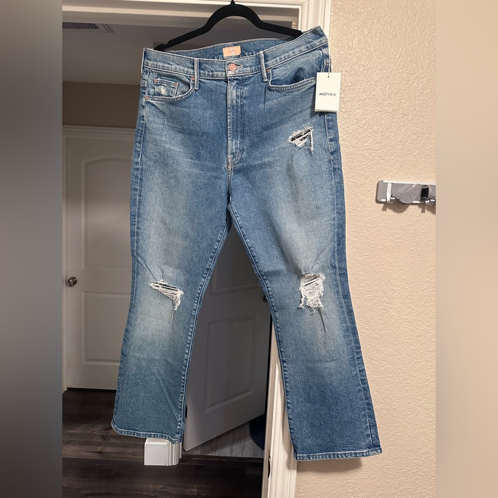 MOTHER Light Blue Distressed Flare Jeans